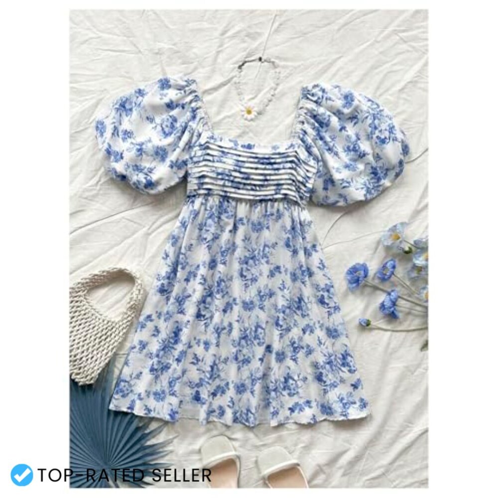 Floral Puff Sleeve Square Neck Mini Dress Boho Chic Casual Summer Picnic - Picture 5 of 5